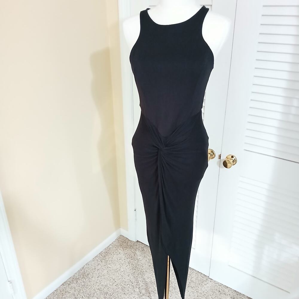 Vintage black stretch rayon sleeveless maxi dress with tulip skirt size medium